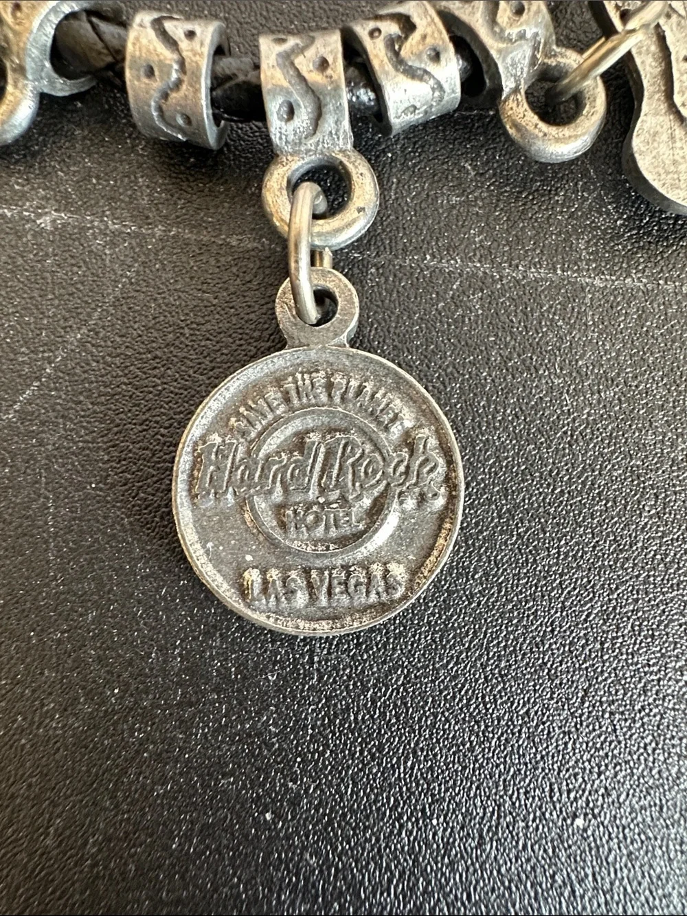 Hard Rock Cafe Las Vegas Black Braided Leather Charm Bracelet/Necklace Set